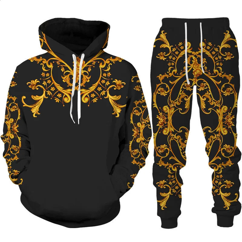 Baroque Court Style Hoodie/Suit Mens Golden Flower 3D Printed Sweatshirt Trousers Set Fashion Unisex Streetwear Clothing 250218