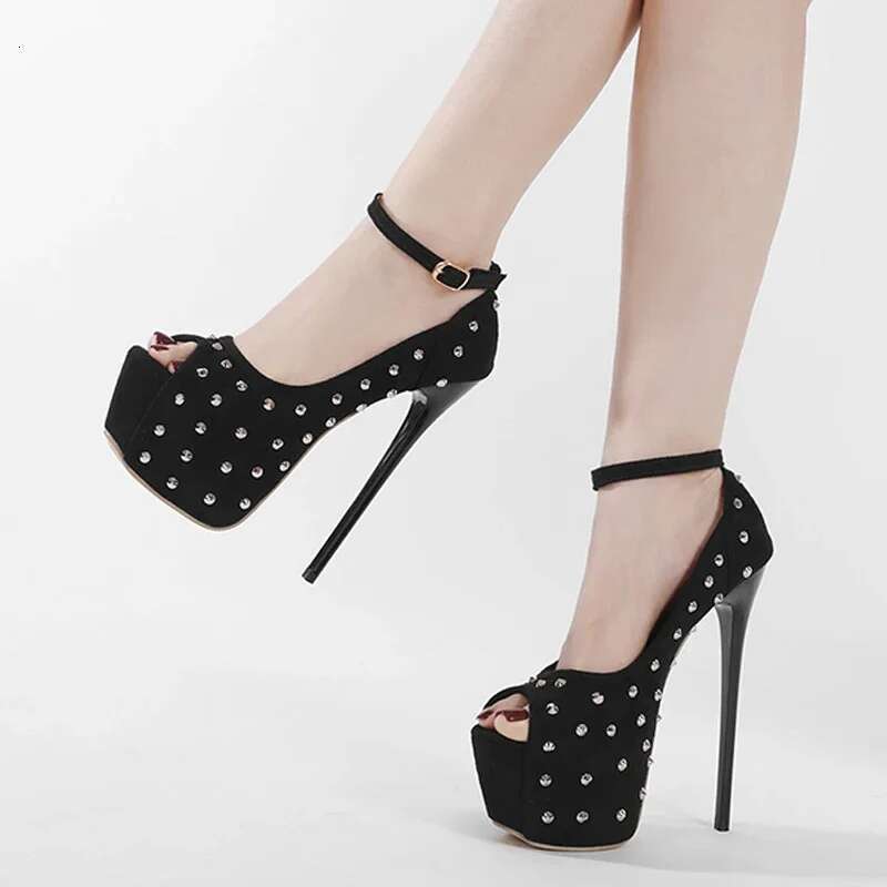 Elegant Super Thin High Heels Women Sandals Design Style Rivet Platform Peep Toe Buckle Strap Nightclub Party Shoes