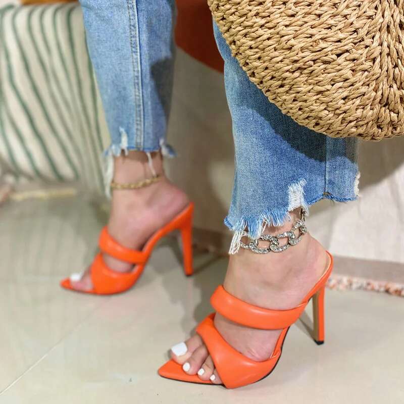 Sexy Pointed Toe Golded High Heels Narrow Band Women Slippers Cozy Summer Party Banquet Ladies Shoes Sandalias De Mujer