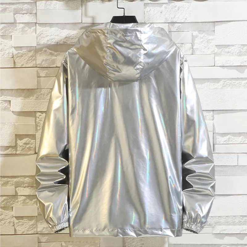 #4201 Black Sliver Shinny Jacket Men Bomber Korean Style Hip Hop Slim Jackets And Coats Streetwear Hooded Coat 250214