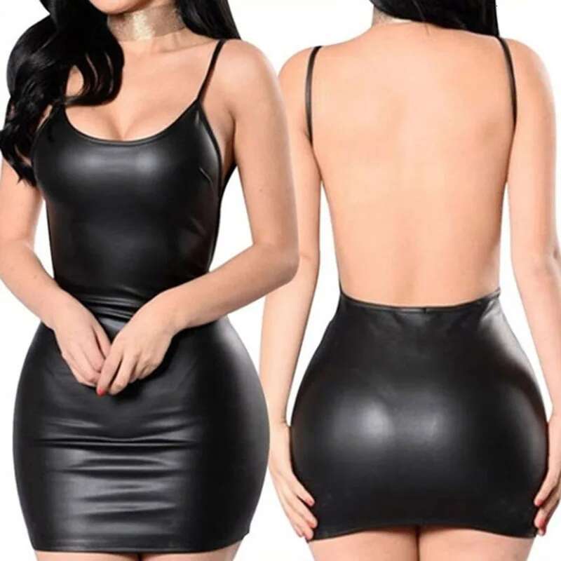 Women's Halter Open Back Fashion Solid Color Sexual Slim Sg Dress Imitation Leather Suspenders Black Brand New
