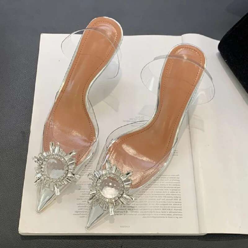 2025 Spring Design Crystal PVC Transparent Woman Pumps Elegant Style Thin High Heels Party Prom Female Mule Shoes