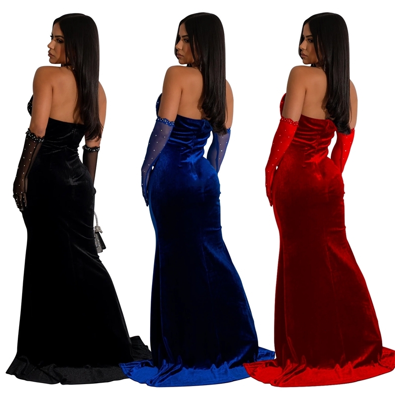 Women Dresses 2025 New Sexy Party Birthday Sequins Embellished Velvet Long Maxi Dress Gown Royal Blue Rhinestones Corset Dresses