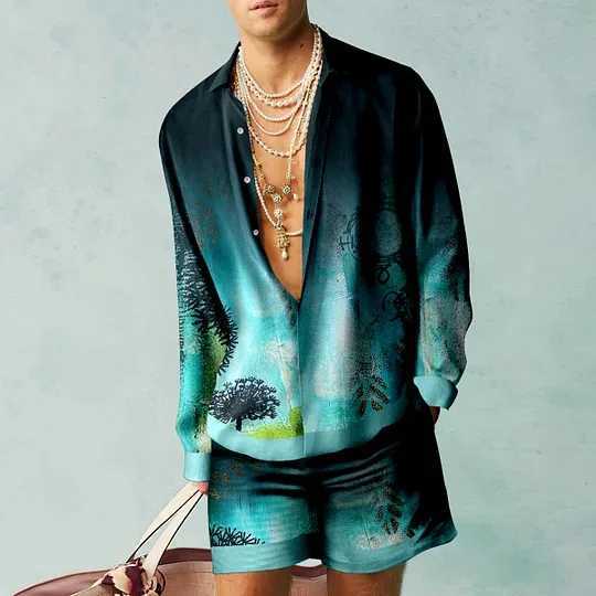 Hawaii Beach Set Mens Casual Outdoor 3D Koi Print Abstract Long Sleeve Shirt 2-piece Set Breathable Wide Beach Shorts SetsXJ250218