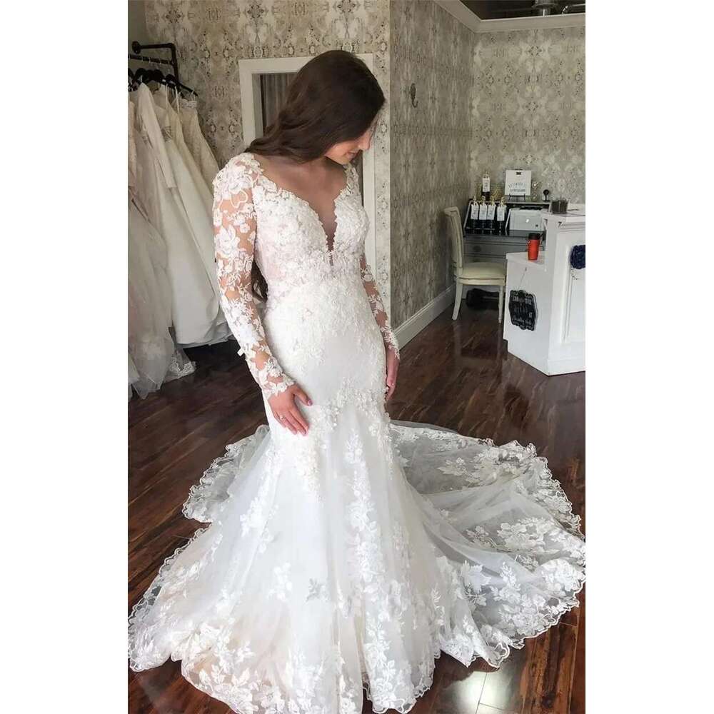 customized Vestido Noiva Wedding 2025 Long Sleeve Lace Sheer Scoop Neck Backless Sexy Bridal Dress Robe De Mariee