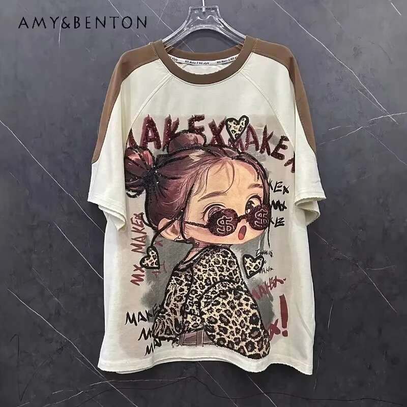 Popular Heavy Industry Design Cartoon Y2k Thick Pullovers Color Matching T-shirt Women's Loose Medium And Long Half-sleeved Tees