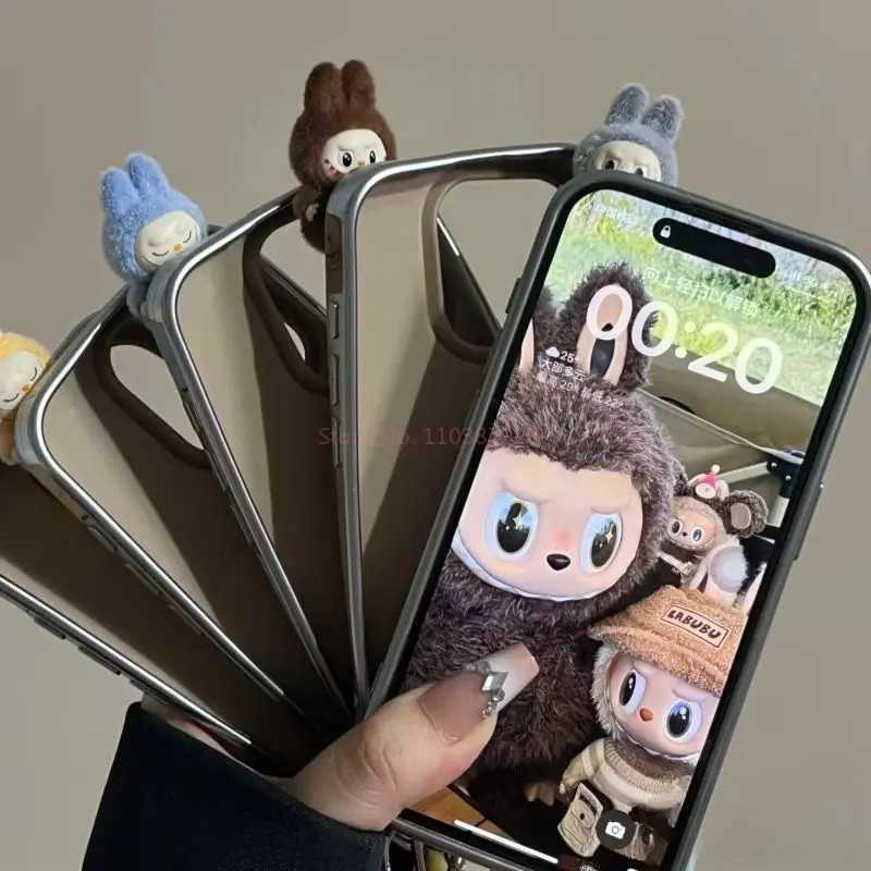 New Arrival New trendy doll Labubu anti-fall phone case 3D plush flocking doll non-cold hand anti-fall phone case Iphone 16/15 pro O250219