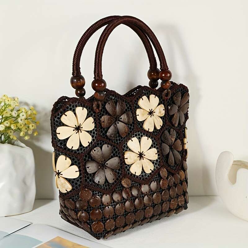 1pc Handcrafted Coconut Shell Bag, Ethnic Style Plastic Handbag with Closure, Polyester ed, No Edge Paint - White & Dark Brown, Secure Zipper Tote ral