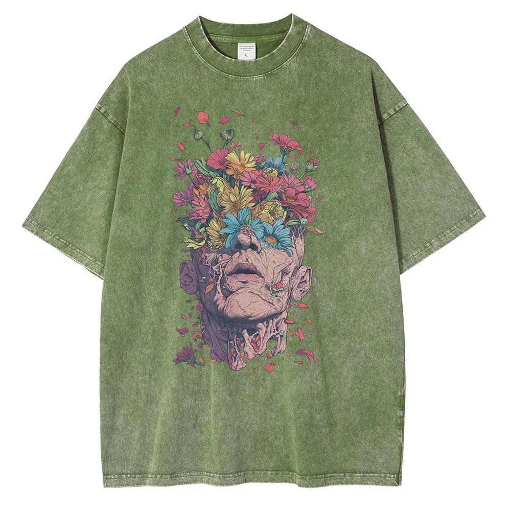 Heavyweight Pure Cotton T Shirts Flowers Emerging Out of Human Eyes and Heads Graphic T-shirts Vintage Van Gogh Style Mens Tops 250217