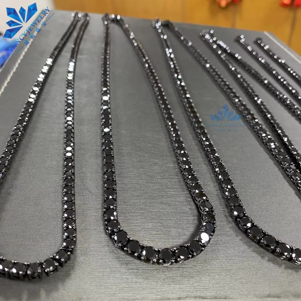 Rhodium Plated 3mm 4mm 5mm Sterg Sier Chain Iced Out Black Moissanite Dia Tennis Necklace
