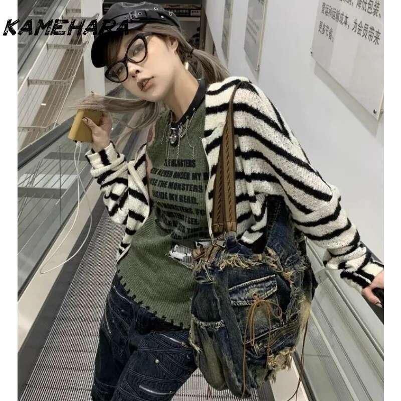 KAMEHARA Japanese Y2k Hooded Cardigan 2000s Aesthetics Rabbit Ears Zipper Knitwear Vintage Haruku Red Stripe Sweater Grunge