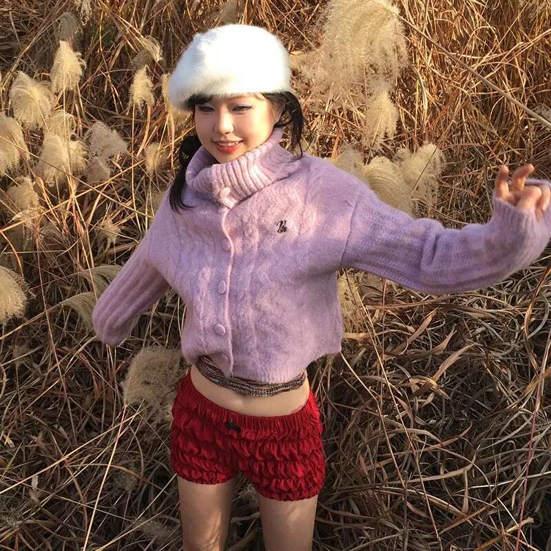 Karrram Japanese Y2k Turtleneck Cardigans Vintage Korean Style Knitted Sweater 2000s Aesthetics Pink Winter Knitwear Haruku