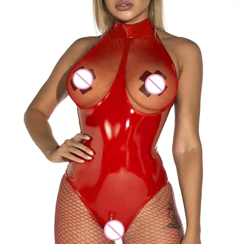 Bras Sets Plus Size 5XL Mesh Leather Bodysuits Women Sexy Lingerie Crotchless Teddy Latex Body Femme Fetish Open Crotch Bodysuit Underwear