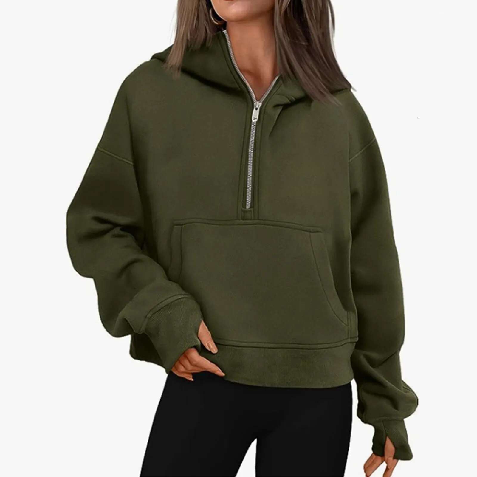 Autumn Winter Women's Oversize Zip-Up Half Cardigan High-Neck Hooded Sweatshirt Y2k Plus Size Long Sleeve Sports Suit