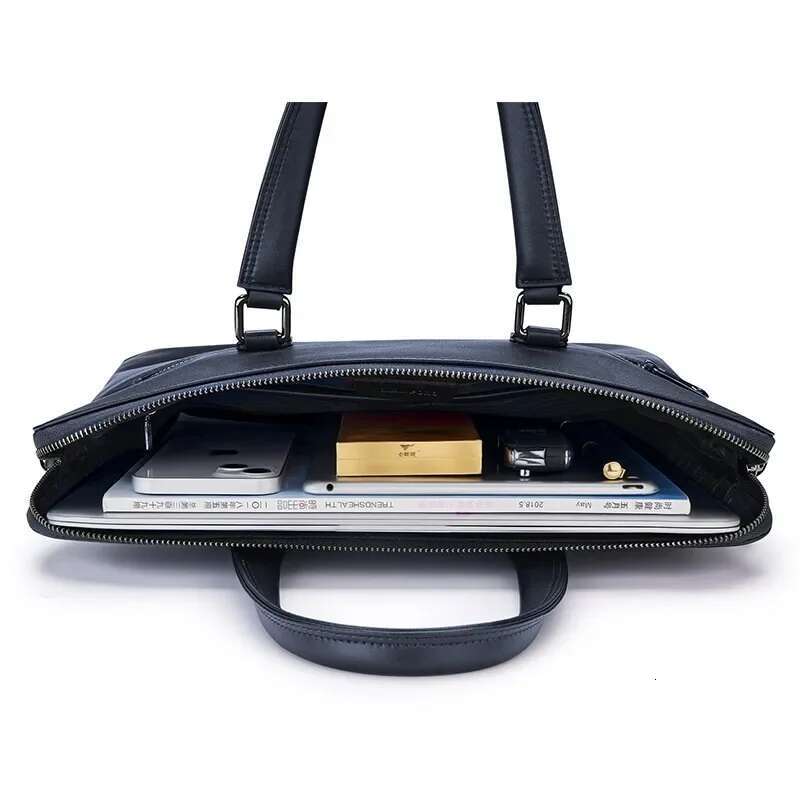 Men's Briefcase Leather Document Bun Top Layer Cowhide 15 Inch Computer Bag Elegant Business Handbag