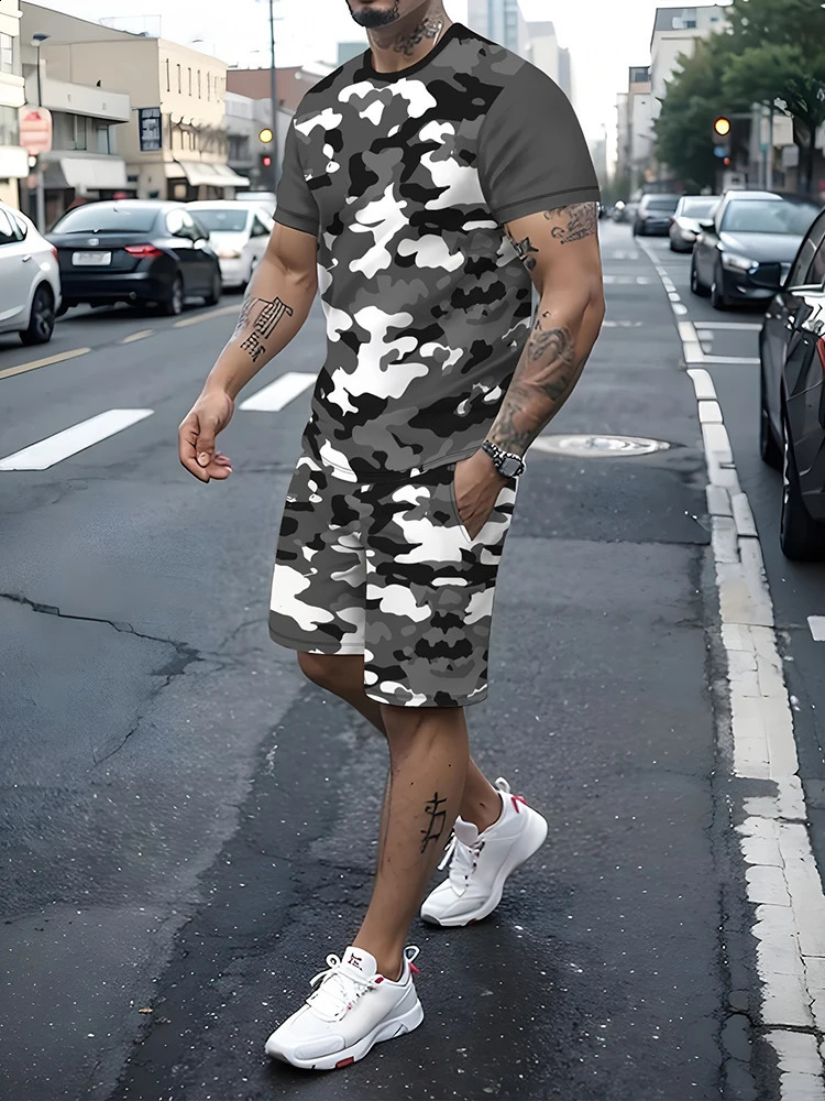 Summer Street Fashion Mens T-shirt And Shorts Set 3D Camouflage Print Mens Short-sleeved Top Outdoor Sports Mens Shorts 250218