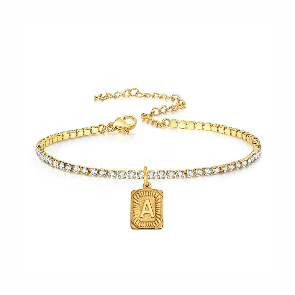 26 Initial Bracelet Women Gold Plated 2MM CZ Tennis Chain AZ Alphabet Charm 316L Stainless Steel Birthday Gifts Jewel 250213