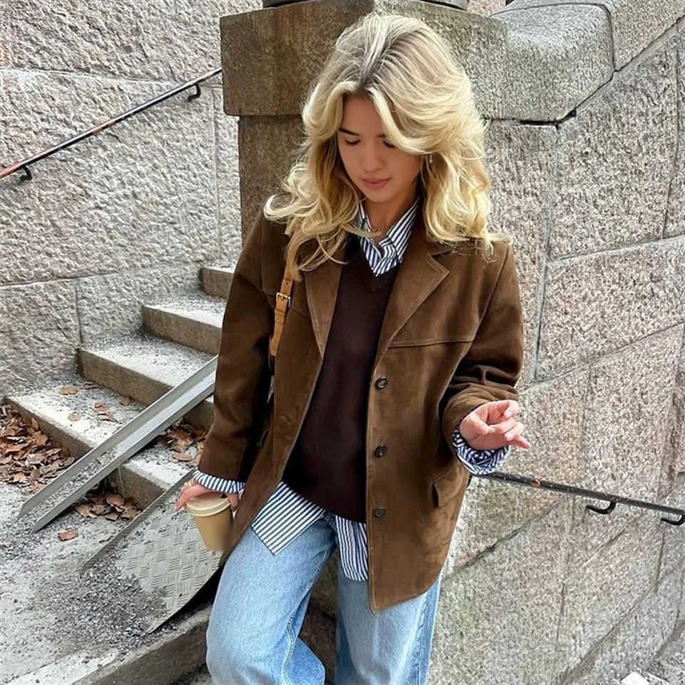 PB ZA Autumn Womens Clothing Style Commuting Loose and Versatile Collar Pocket Long Sleeve Suit Coat 250213