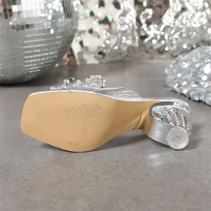 Fashion Pearl wer Women Slippers Design Style Square Toe Crystal Round Heels Shoes Summer Slides atos De Mujer