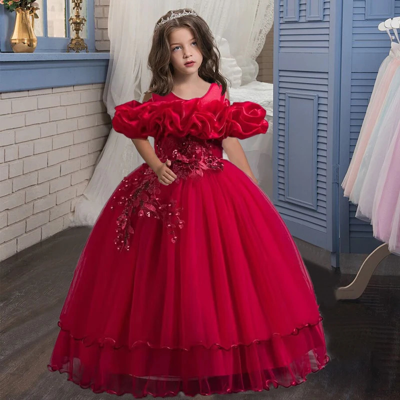 Elegant Girl Party Dress Long Wedding Bridesmaid Dress 4-13 Year Old Mesh Embroidered Graduation Ball Evening Dress 250311