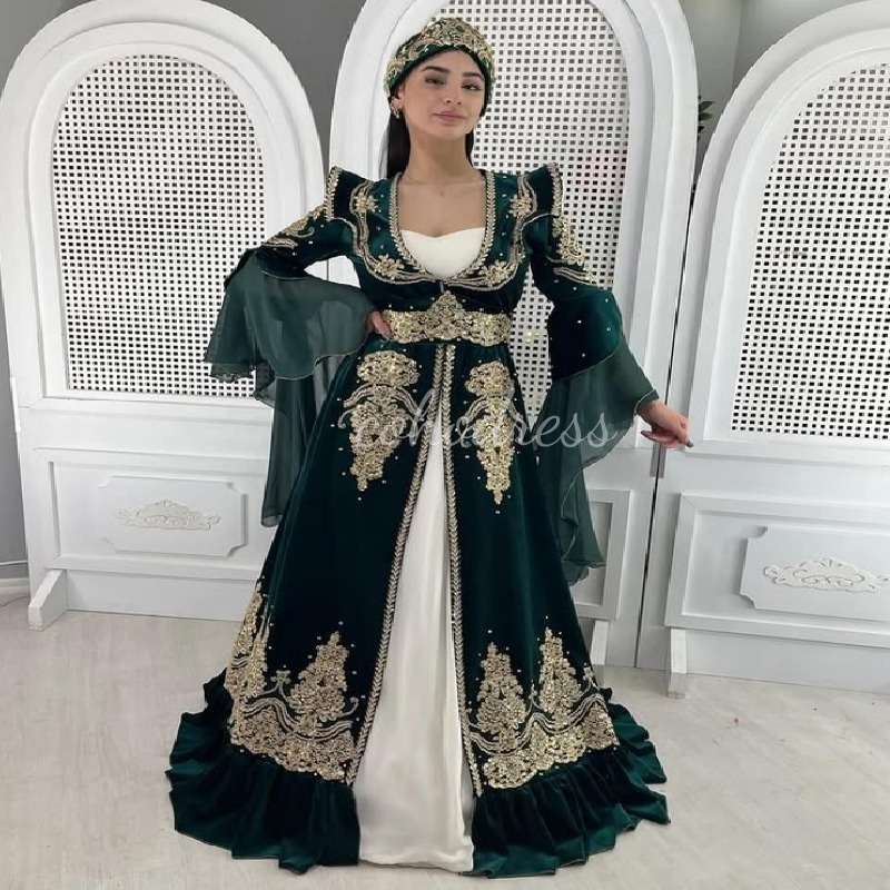 Exquisite Green Egyptian Evening Dress With Gold Lace Turkish Arabian Dubai Prom Dress Beaded Moroccan Formal Birthday Gown 2025 Vestio De Fiesta Robe