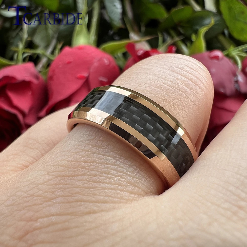 8MM Men Women Tungsten Carbide Ring With Carbon Fiber Inlay Beveled Polished Classic Gift Jewelry Comfort Fit 250218