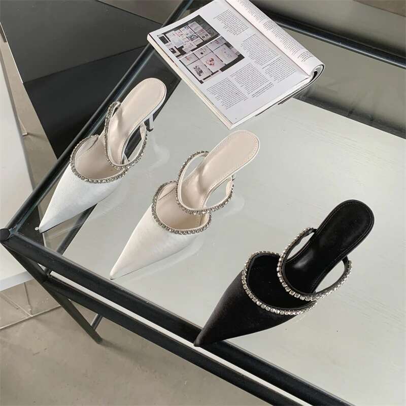 Street Style Fashion Pointed Toe Women CRYSTAL Thin Heels Mules Slippers Party Prom Female Pumps Shoes