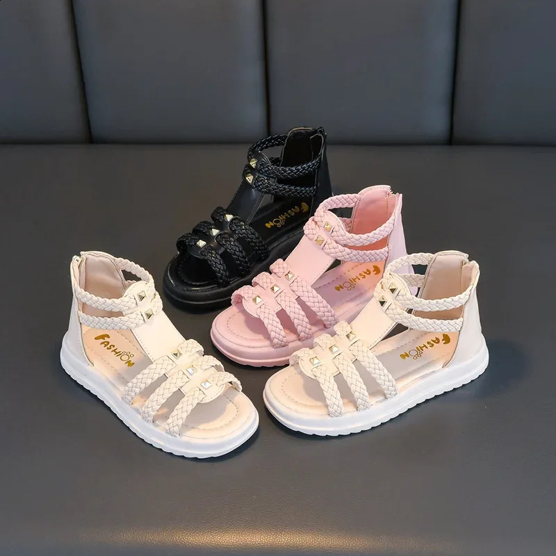 Girls Roman Sandals Open Toe Braided Solid Color High-top Simple Rivets Summer Hollow Flat Casual Shoes Kids Fashion Casual 250218