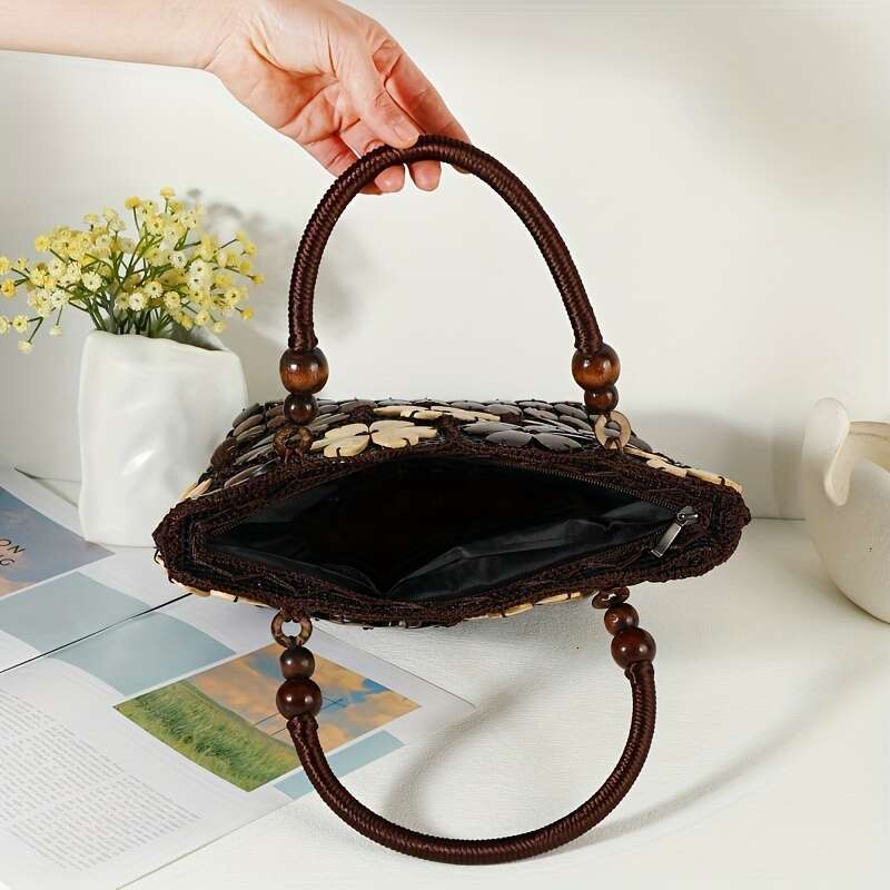 1pc Handcrafted Coconut Shell Bag, Ethnic Style Plastic Handbag with Closure, Polyester ed, No Edge Paint - White & Dark Brown, Secure Zipper Tote ral