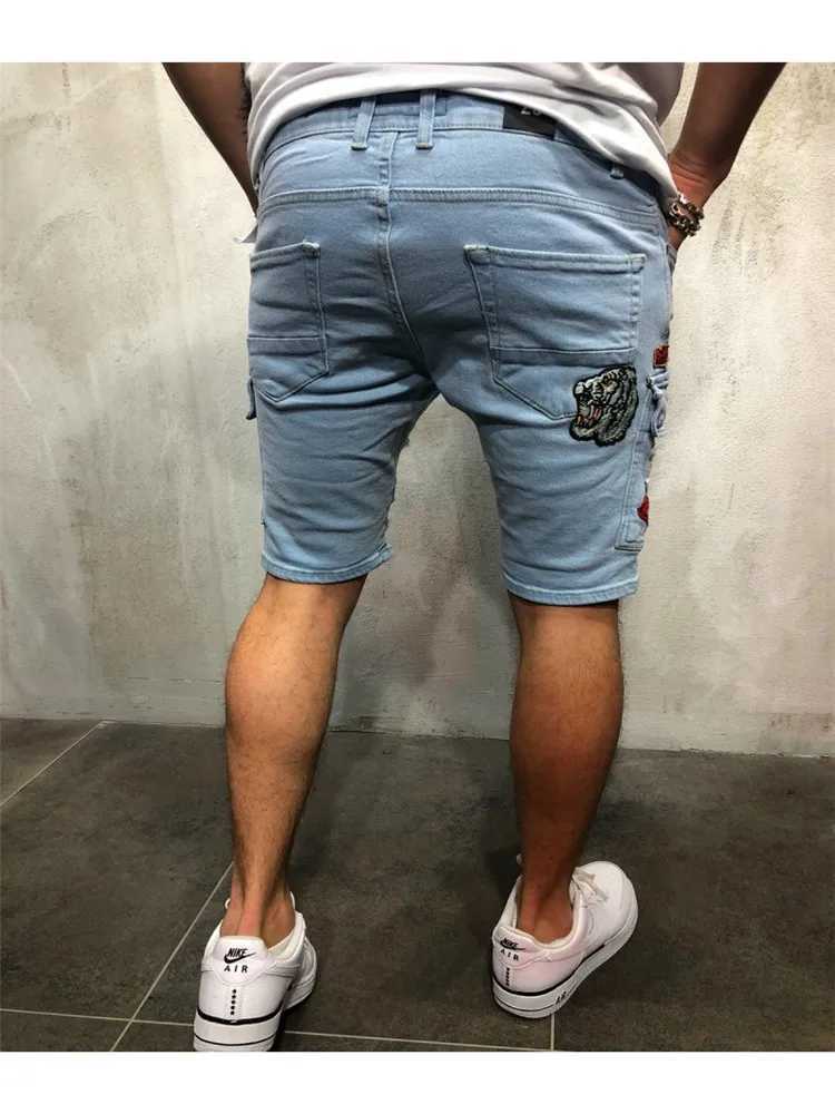 Men's Shorts 2024 clothes Y2K Summer Ripped Shorts Jeans Mens Hip-Hop Badge Pants Stretch Light blue Slim Straight Mens Short Jeans Men z250219