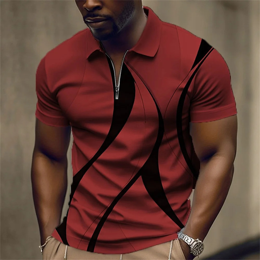 Mens Zipper Collar Polo Shirt Golf Pattern Printed Geometric Lines Folding Short Sleeve Clothing Top Handsome T 250219