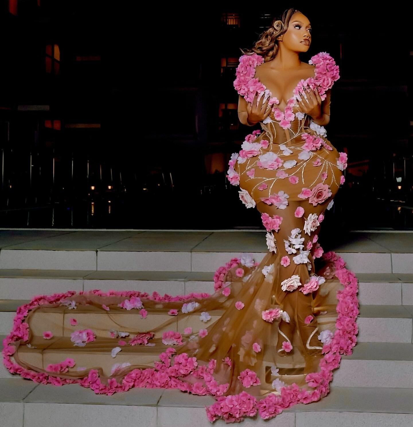 Aso Ebi Pink Mermaid Prom Dresses 2025 Illusion Flowers Beaded Tulle Evening Formal Party Second Birthday Engagement Gowns Plus Size Dress For Special