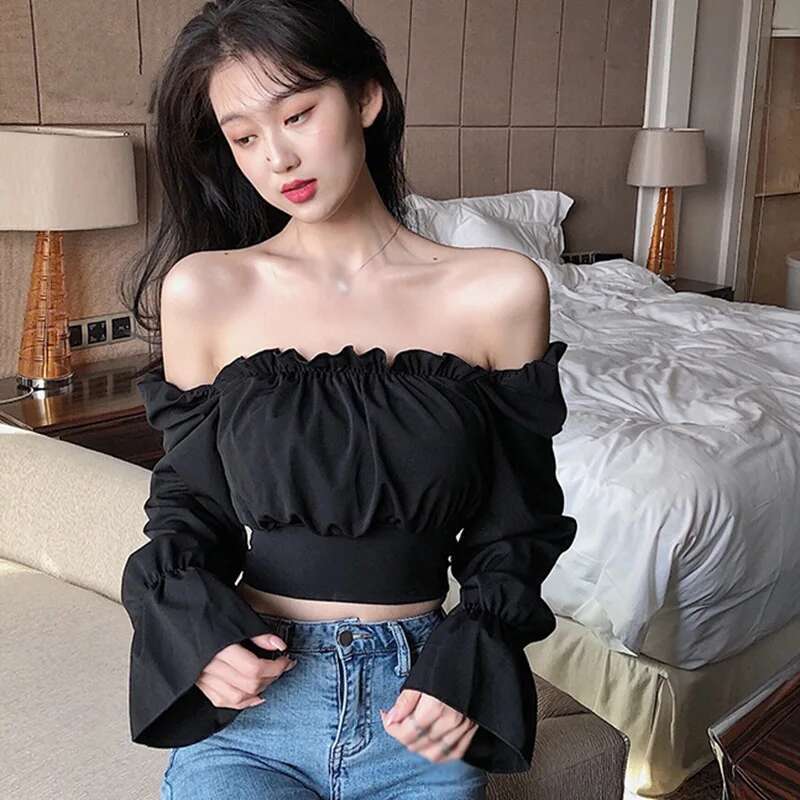 Women's Sexy Slim Bandage Long Shirt Blouses Slash Neck Autumn Puff Sleeve