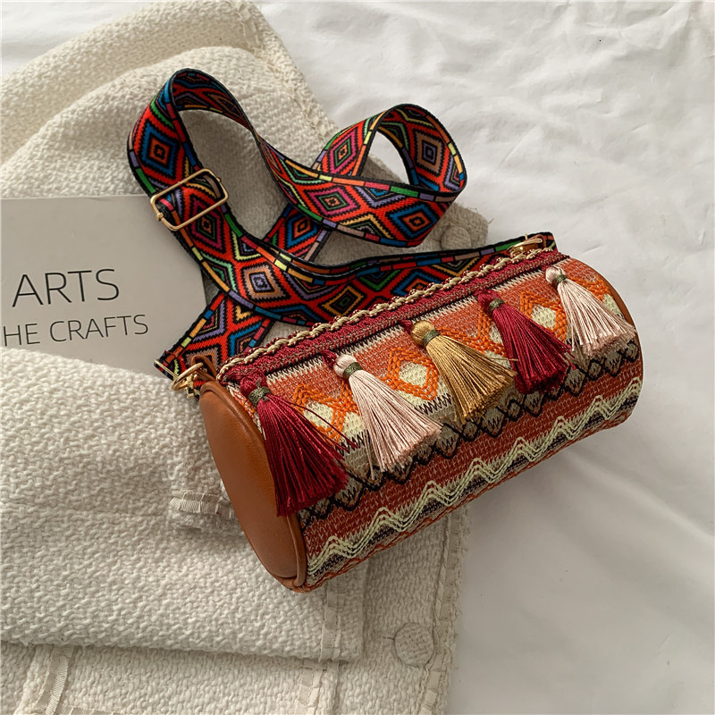 2025 Spring New Tassel Fashion Ethnic Style Contrast Embroidery Thread Cylindrical Women's Crossbody Shoulder Bag #swissmilitary