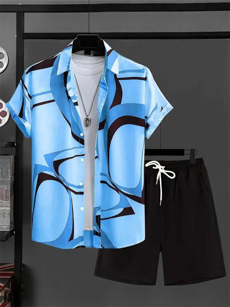 New Fashion Mens Suit Lapel 3D Flower Print Shirt Short Sleeve Casual Beach Shorts Oversized 2-Piece Hawaiian Vacation Men SuitXJ250218
