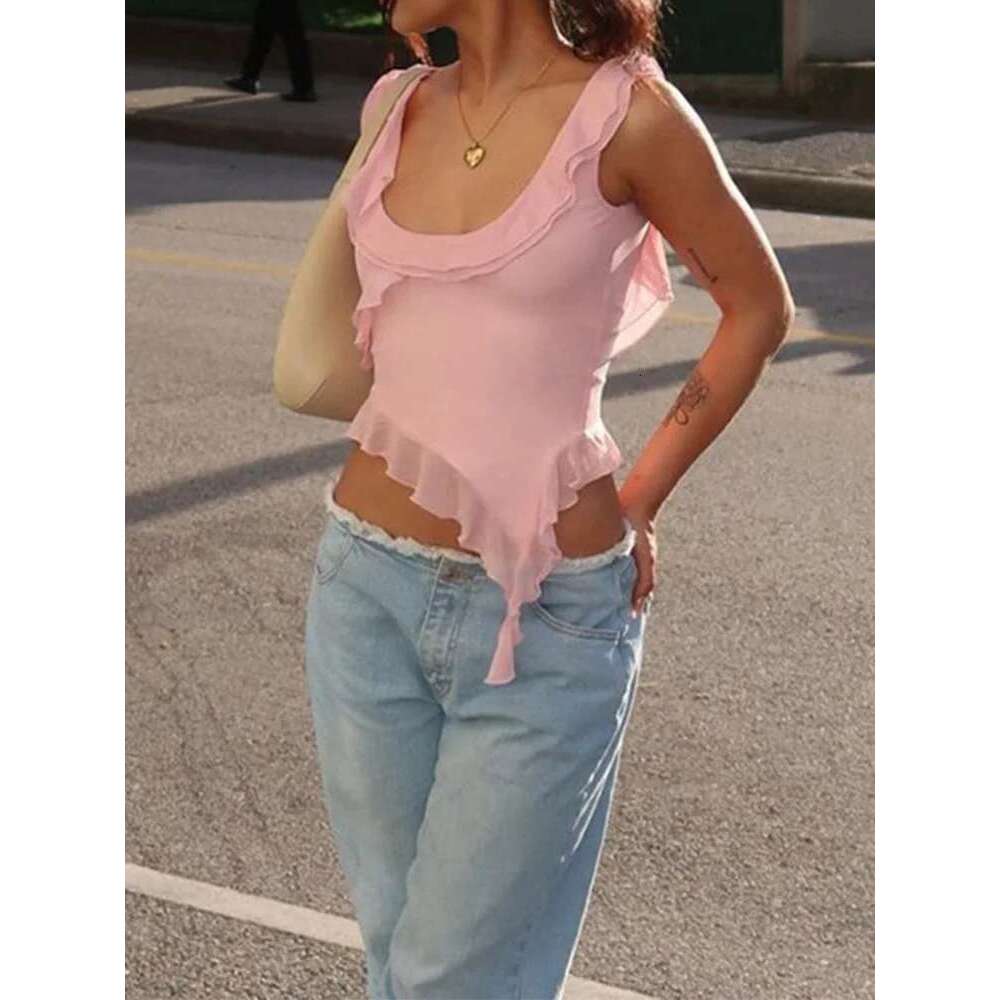 Vest Sexy Vest Fashion O-Neck Sleeveless Tank Top Sexy Ruffles Backless Irregular Crop Tops Summer Casual Streetwear Women Camis
