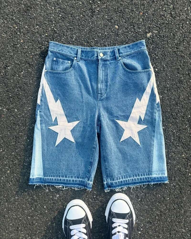 American Fashion Trend Retro Street Style Men's Designer Wide Leg Jeans Y2k Embroidered Loose Jeans Gothic Punk High Street Casual Shorts