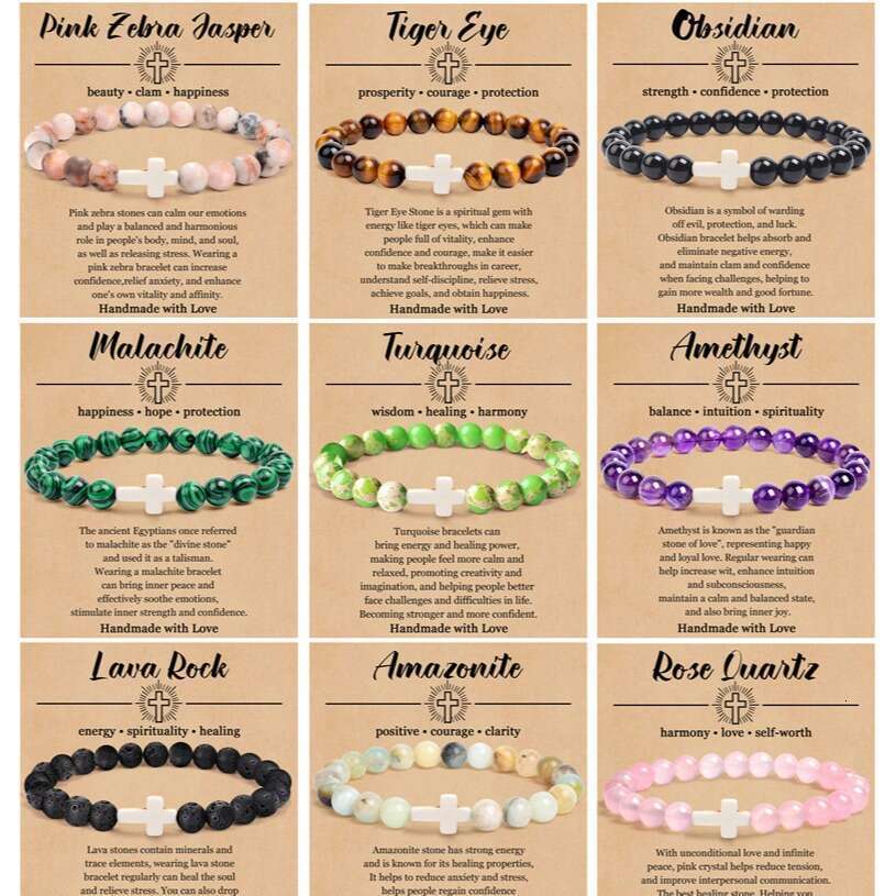 Natural Stone Cross Pink Zebra Elastic Bead Men's and Women's Gift Card Bracelet