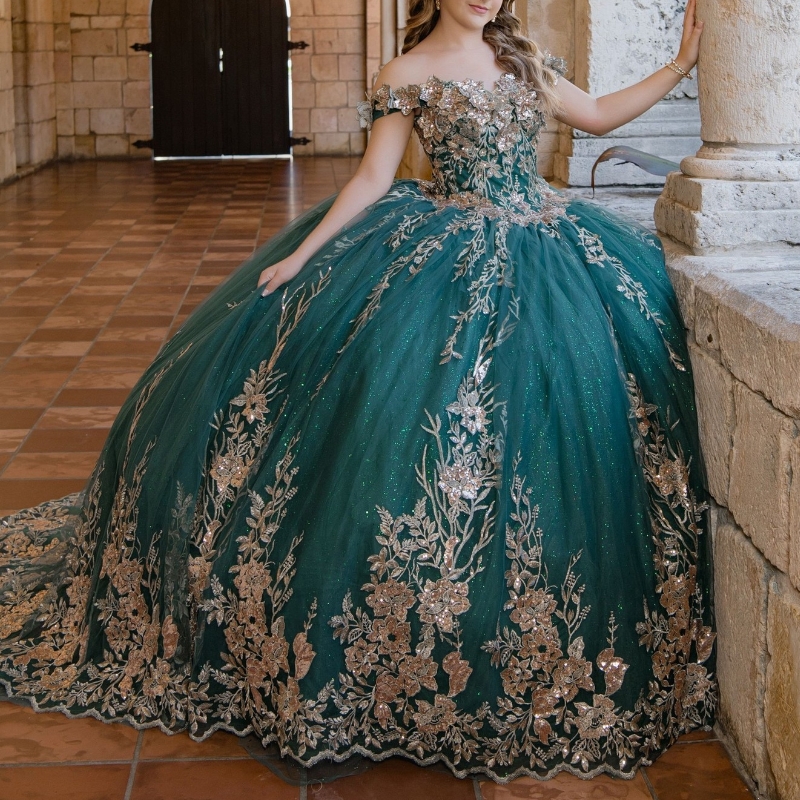 Blackish Green Shiny Quinceanera Dresses Ball Gown Off The Shoulder Applique Lace Beading Tull Party Birthday Sweet 16 Dress Vestido 15 De Anos