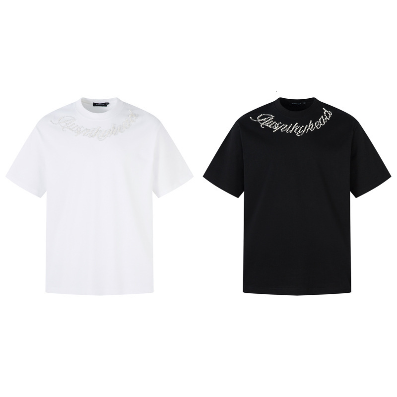 American Fashion Personality Design Bead Letter Short Sleeved T-shirt Men's Summer New Style Chinese Fashion Loose Casual Round Neck Solid Color 