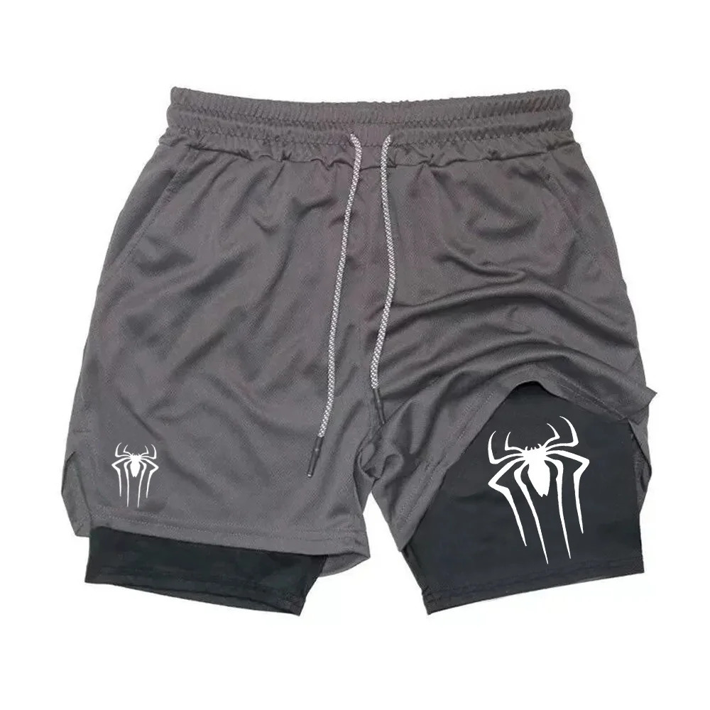2024 Shorts for Men Summer Spider Printed GYM Casual Sports Compression Workout Running Mesh 2 in 1 Sport Short Pants 250219