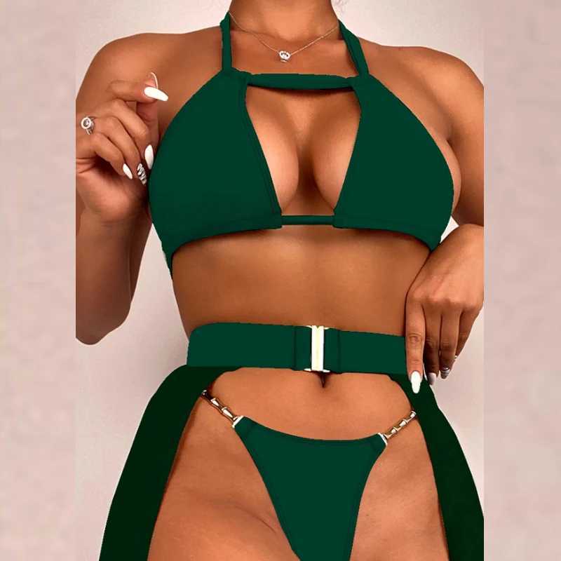 Women Sexy Thr Piece Bikini Set Solid Mid Open Mesh Skirts 3 Pcs Bathing Suits Halter Neck Tops Two Side Belt Beachwear 2025 W250219