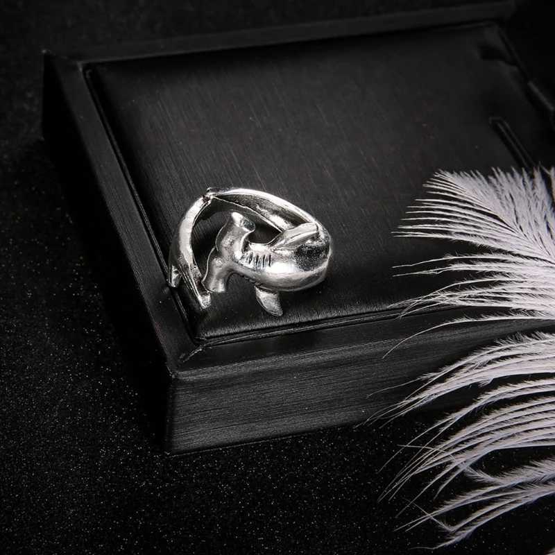 Q0KE 2x Punk Style Shark Rings White Shark Hammerhead Shark Rings Adjustable Opening Metal Ring Jewelry Decor for Women MenXJ250219
