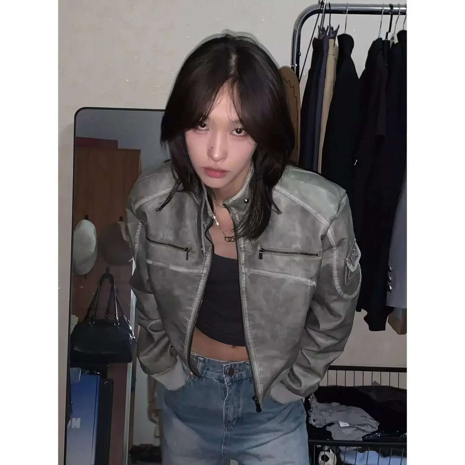 Street Outfit Retro Vintage Short Leather Autumn New Design Zipper Up Top Goth Stand Collar Bomber Jacket
