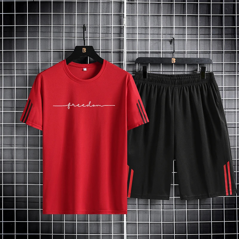 M5XL Summer Mens 2024 Quick Drying Breathable Mesh Short Sleeve Tshirt and Two Piece Running Sports Set 250219