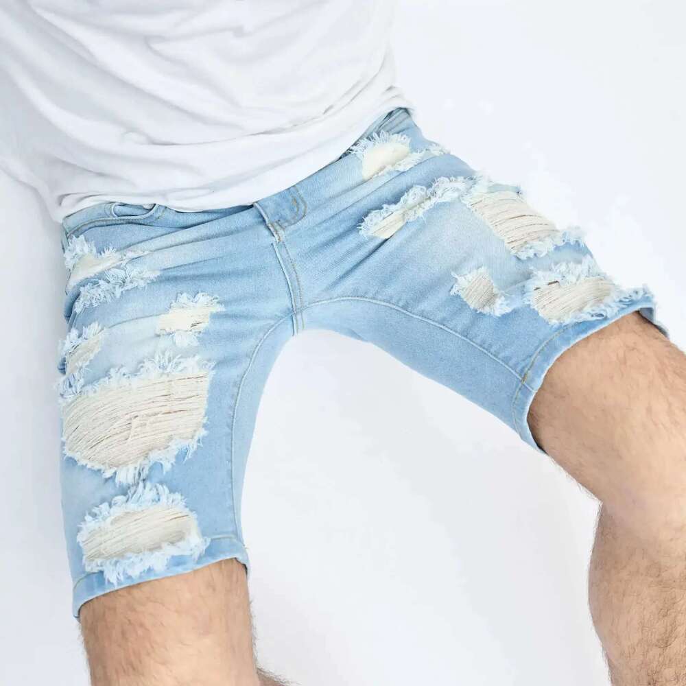 Ripped Shorts Men Summer Streetwear Slim Fit Ripped Denim Shorts Stylish Holes Solid Casual Straight Jeans Male Five-Point Pants