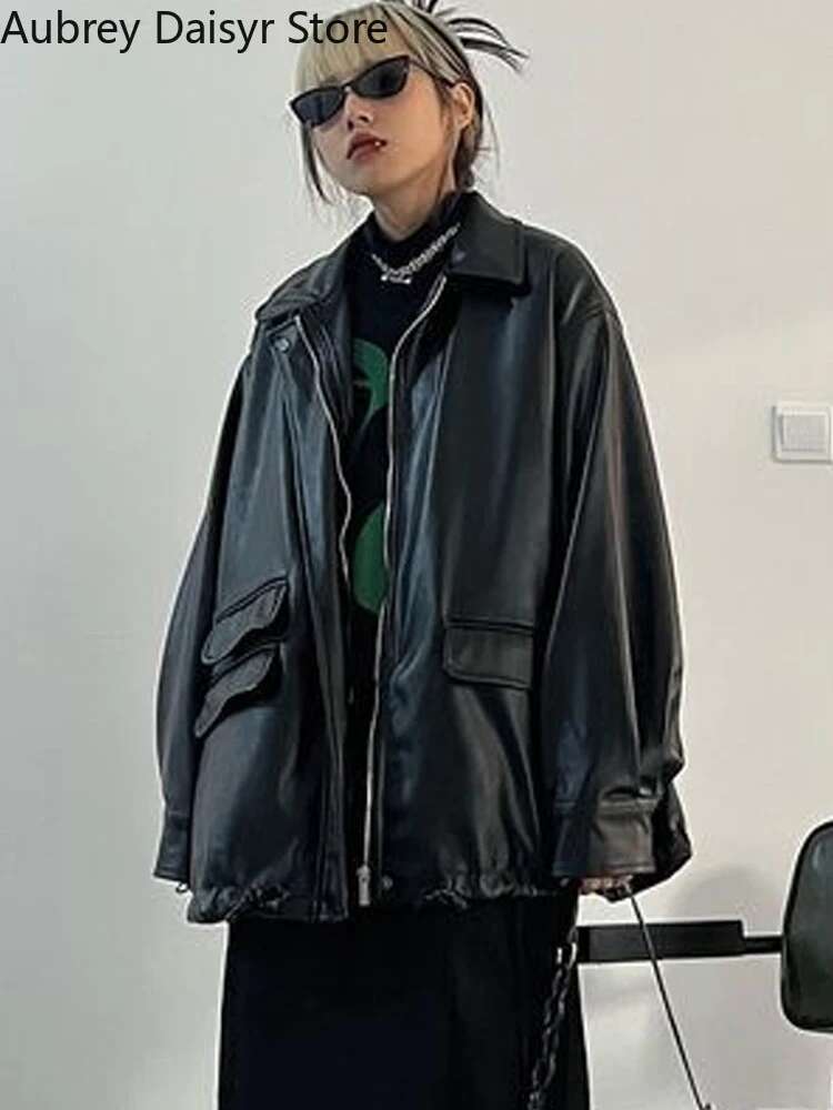 Winter Black Punk Women Streetwear Moto Biker Zipper Coat High Street Casual Vintage Leather Jacket 2023