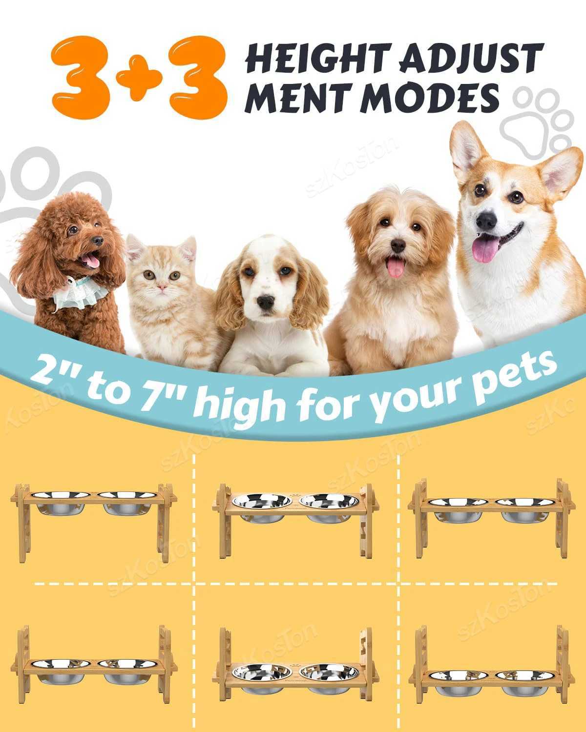 Dog Feeders Elevated Dog Bowls Bamboo Tilted Adjustable Dogs Feeder Stand with Stainless Steel Food Bowls for Puppies Cats Pet Accessories H250218