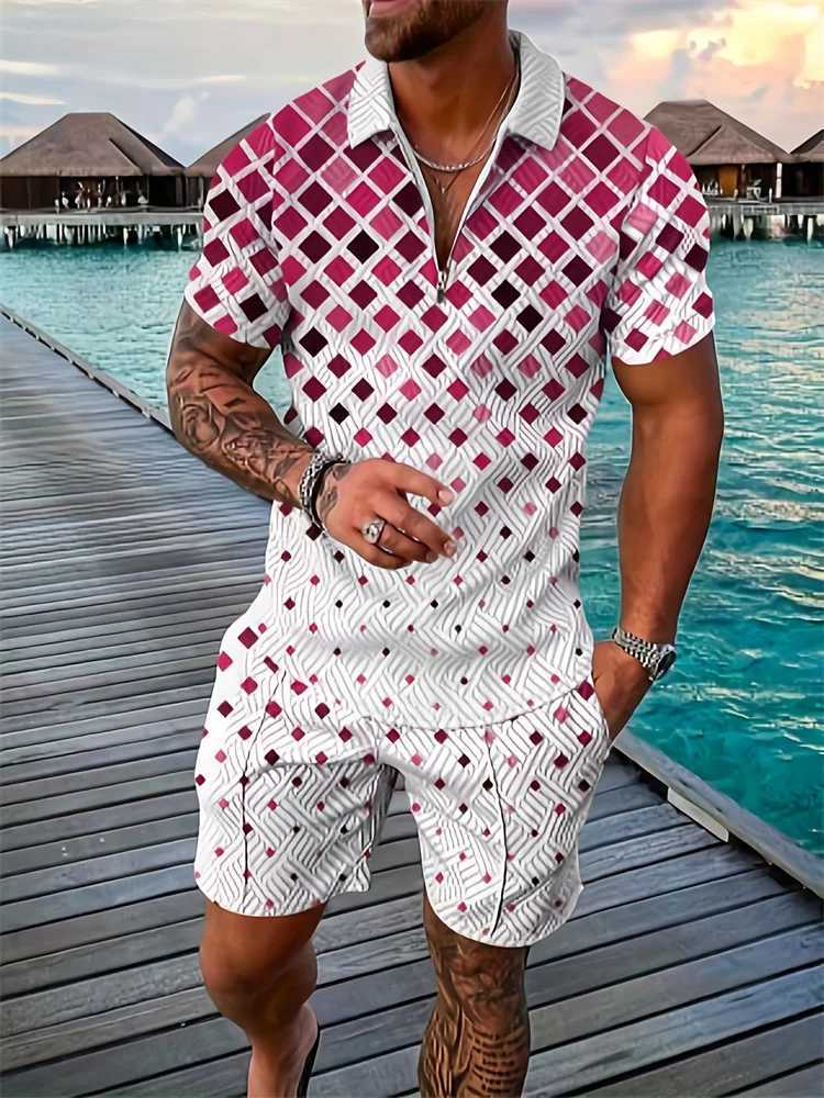 Two-tone Patchwork Mens Short Sleeve Shirt And Shorts Set Street Polo Top And Shorts Set Zipper Lapel Short Sleeve ShortsXJ250218