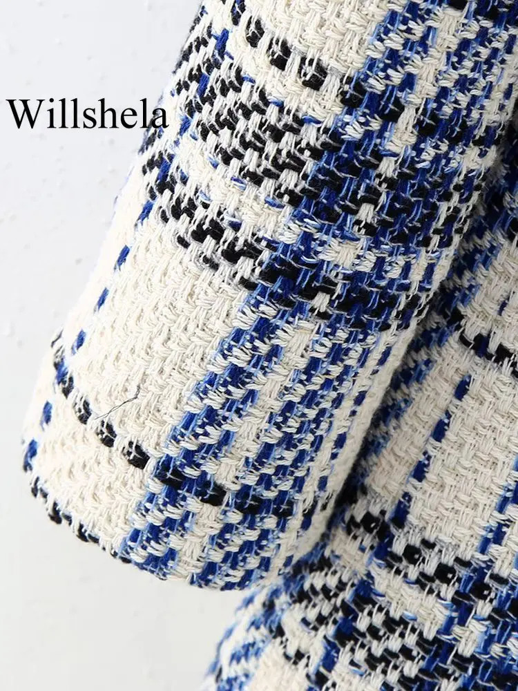 Willshela Women Fashion With Pockets Texture Plaid Double Breasted Blazer Vintage Notched Neck Long Sleeves Female Chic Outfits 250213